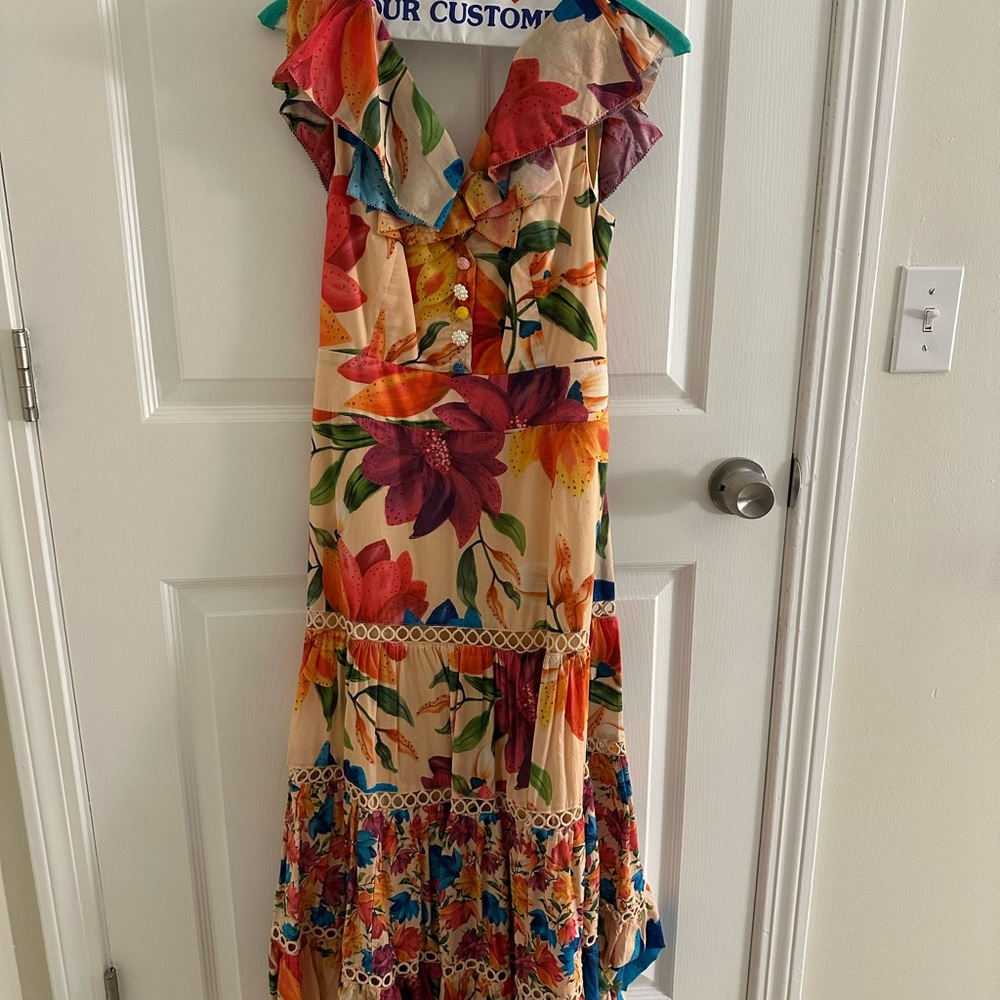 FARM Rio Floral Ruffled Midi Dress in Cream, Red, Orange, Green, Blue